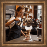 barista in coffee shop making coffee using a chemex pour over coffee maker