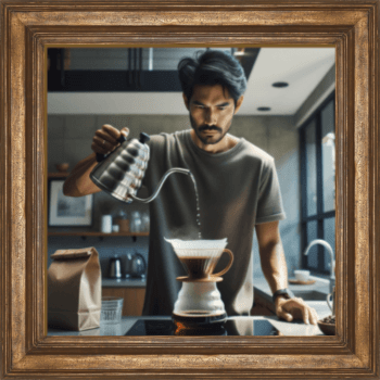 sleepy man making pour over coffee in the morning