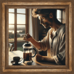 man making French press coffee in the morning